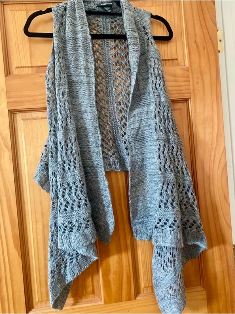Boho Open Knit Cardigan Vest Gray Draped Lightweight Duster Layering Small